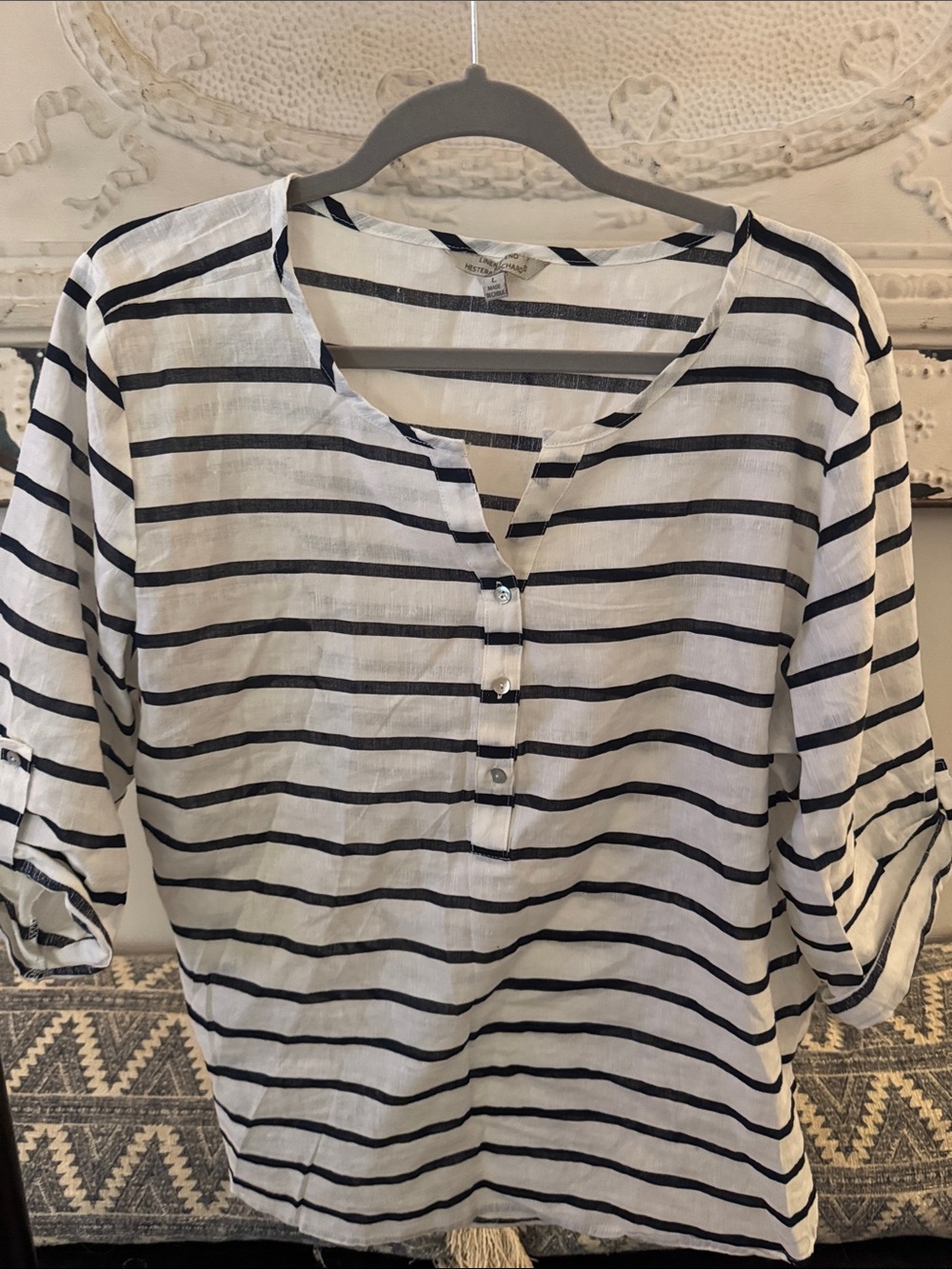 Striped Button Henley Tunic - White & Black
